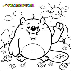 Cute cartoon beaver character. Vector black and white coloring page. © stockakia