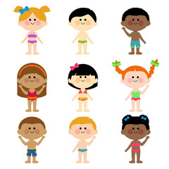 Obraz na płótnie Canvas Diverse group of children in swimsuits. Vector illustration