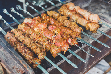 Beef and chicken kebab. Fresh meat at grill, bbq