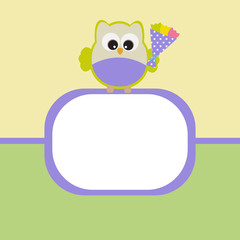 Vector greeting card on a festive theme. Owl with a bouquet of flower sitting on the frame.