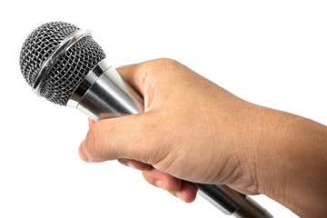 Hand with microphone isolated on white background.Microphone wit