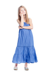 Little dreamer. Full length of thoughtful pretty little girl holding hand on chin. Isolated on white.