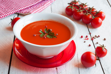 Tomato soup in a white bowl 