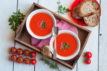 Tomato soup in a white bowl 