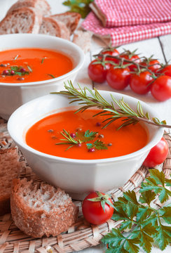Tomato soup in a white bowl 