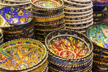 Colorful Turkish dishes in the Grand Bazaar of Istanbul, Turkey.