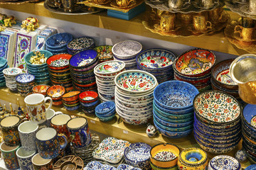 Colorful Turkish dishes in the Grand Bazaar of Istanbul, Turkey.