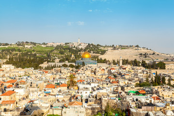 Obraz premium Old city Jerusalem. View from tower of Lutheran Church of the Redeemer. View to the side of the Temple Mount and Dome of the Rock