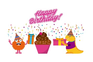 monster characters in birthday party vector illustration design
