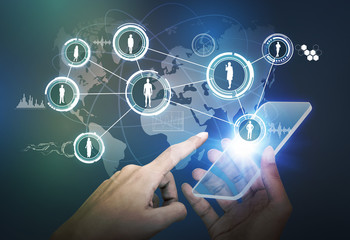 Fototapeta premium futuristic smart phone and connection of world people, abstract image visual