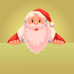 Santa Claus holding a sign with a place for text, cartoon style vector illustration isolated on gold background. Half length portrait of Santa holding an empty board, Christmas decoration element