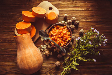 Pumpkins on a wooden table.