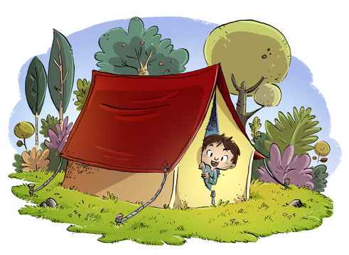 ni&ntilde;o con tienda de campa&ntilde;a en la naturaleza