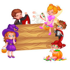 Fototapeta na wymiar Cute colorful Halloween kids in costume for party set isolated vector illustration