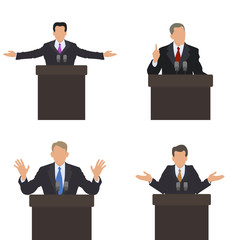 He stands in front of an audience gestures. Set of different poses. Presentation, presentation, conference, debate. Vector illustrations. - obrazy, fototapety, plakaty