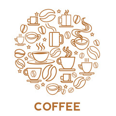 Vector coffee house logo concept in mono line style coffee and tea ions and signs