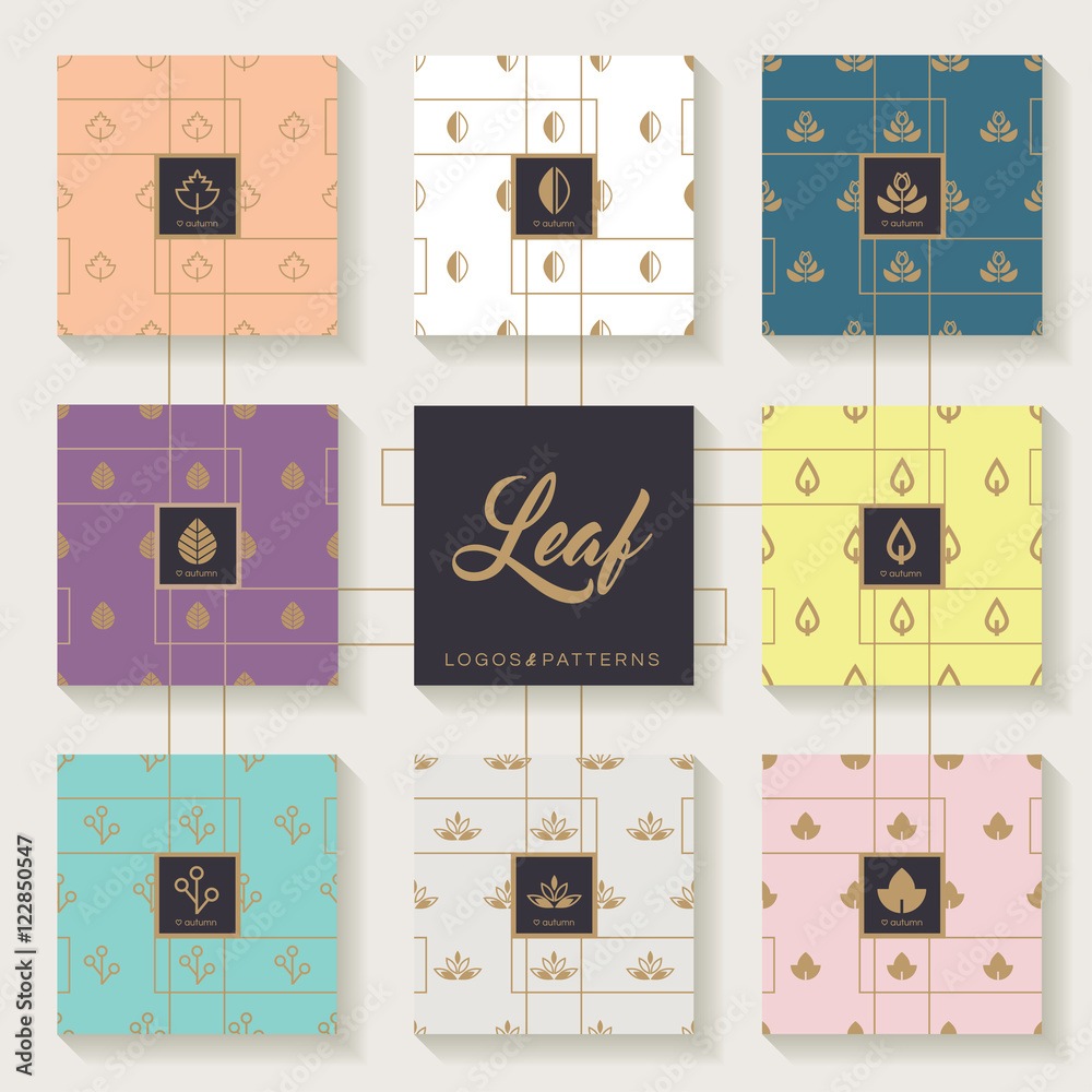 Sticker modern minimal leaf logos and seamless patterns collection