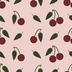 Seamless background pattern with repeating cherries on the pink background. Vector eps illustration