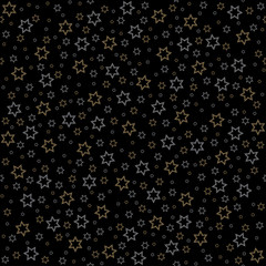 Bright seamless pattern with silver and golden stars silhouette on the black background. Christmas and Happy New Year symbol concept vector illustration