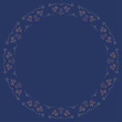 Repeating golden bells and stars silhouette pattern on the blue background. Border frame with space for text. Christmas and Happy New Year symbol concept vector illustration