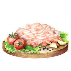 Fresh raw minced chicken with spices, tomatoes and salad leaves on the plate. Watercolor_rel