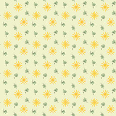 Seamless background pattern with repeating flowers and leaves on the yellow background. Vector eps illustration