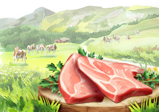 Fresh raw meat with herbs on a plate in landscape with cows. Watercolor