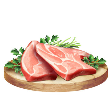 Fresh raw meat with herbs on a plate. Watercolor