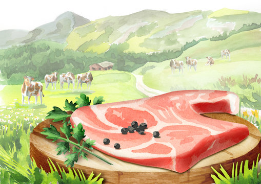 Fresh raw meat with spices on a plate in landscape with cows. Watercolor