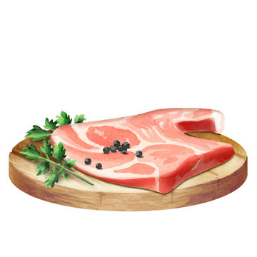 Fresh raw meat with spices on a plate. Watercolor