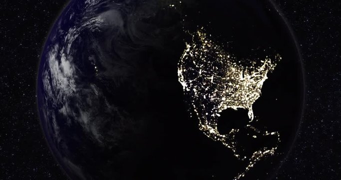 Loopable: Planet Earth / Earth from Space / Earth Globe. Planet Earth rotates in space against star background. Day and night lights.