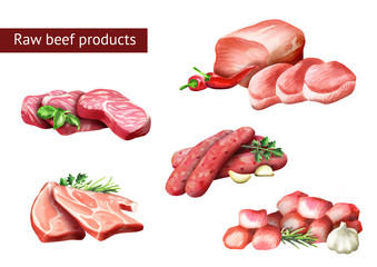 Raw beef products set. Watercolor