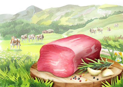 Raw beef fillet with rosemary, garlic and pepper on a plate in landscape with cows. Watercolor