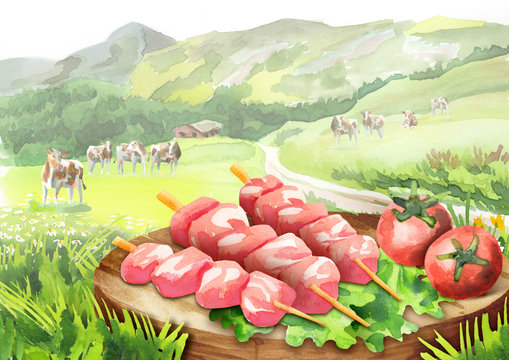 Raw beef on skewers for barbecue with lettuce and tomatoes on a plate in landscape with cows. Watercolor