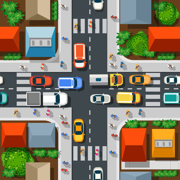Seamless pattern of the urban landscape. Top view of a highway junction and a traffic intersection in the city with houses, trees and streets