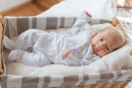 Newborn baby boy lying in a basket, playful, showing tongue
