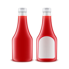 Vector Set of Blank Glass Plastic Red Tomato Ketchup Bottle for Branding with White label Isolated on White Background