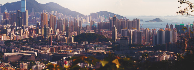 aerial view with Hong Kong skyline and urban skyscrapers in the