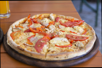 pizza on a wooden table