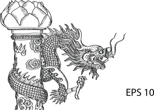 Chinese Style Dragon Statue Vector line Sketch Up, EPS 10.