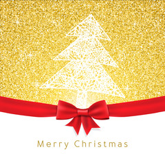 Vector christmas greeting card. Tree on gold glitter.