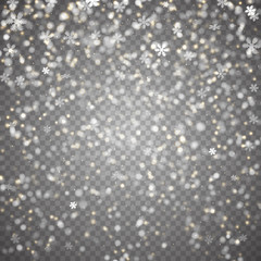 Transparent background with snowfall. Vector illustration. Backdrop with effect of falling snowflakes.