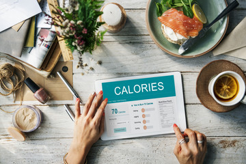 Calories Nutrition Food Exercise Concept - obrazy, fototapety, plakaty