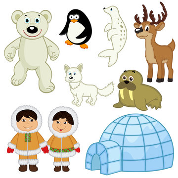 set of isolated  animals and people in the Arctic - vector illustration, eps
