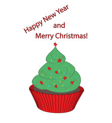 cupcake Happy New Year and Merry Christmas! vector illustration