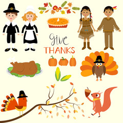 Happy Thanks giving with pilgrim  and red indian costume childre - obrazy, fototapety, plakaty