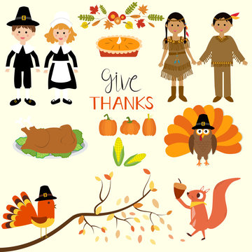 Happy Thanks giving with pilgrim  and red indian costume childre