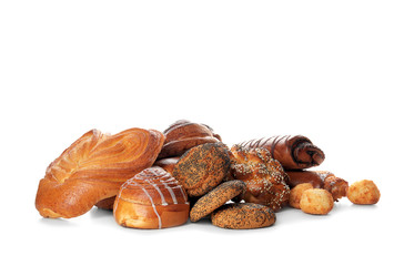 Assortment of sweet tasty pastries isolated on white