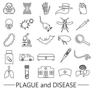 plague and disease theme simple black outline icons collection eps10
