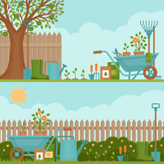 Concept of gardening. Garden tools. Banner with summer garden landscape. Flat style, vector illustration.